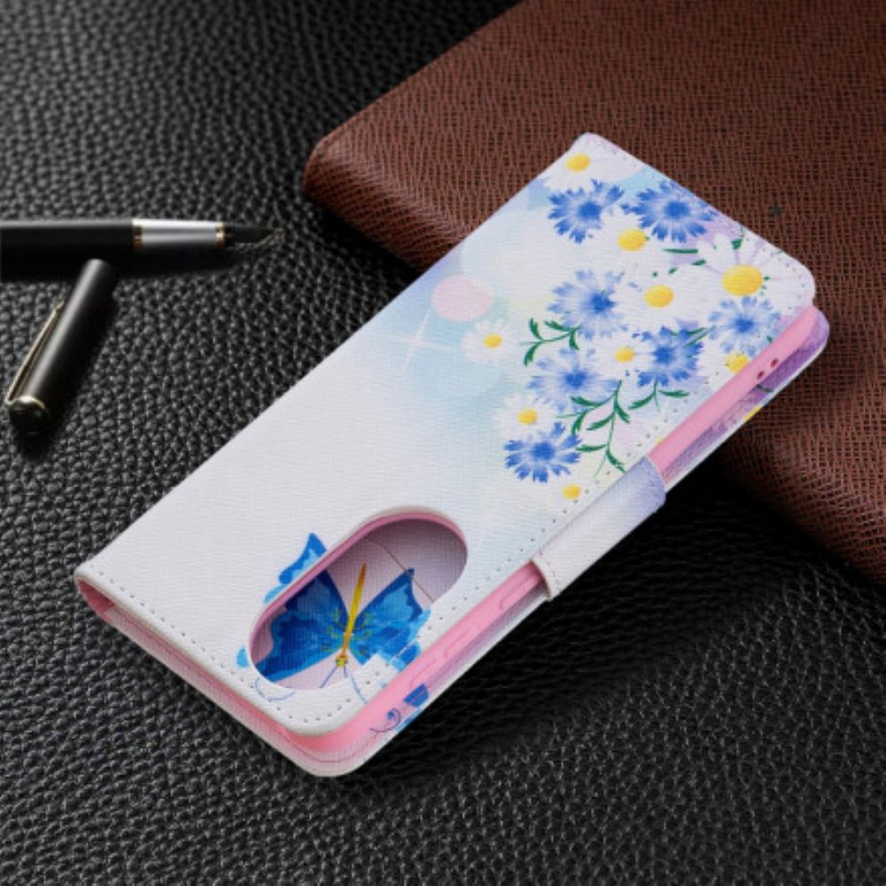 Flip Case Für Huawei P50 Gemalte Schmetterlinge Und Blumen