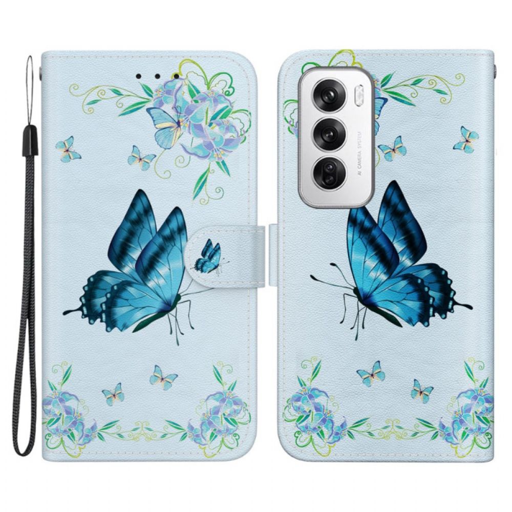 Lederhüllen Für Oppo Reno 12 5g Blaue Schmetterlinge Und Blumen Mit Riemen