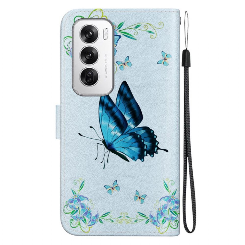 Lederhüllen Für Oppo Reno 12 5g Blaue Schmetterlinge Und Blumen Mit Riemen