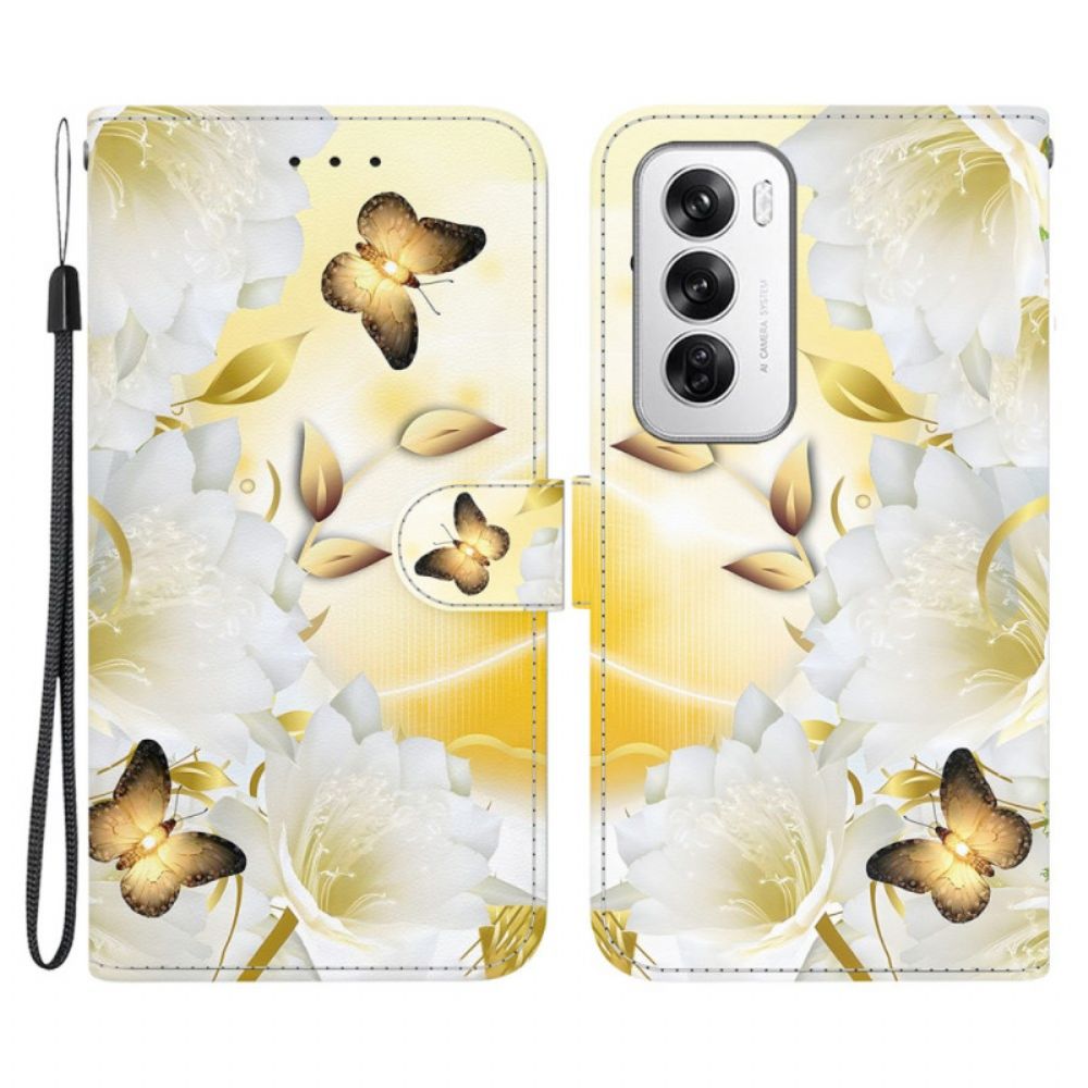 Lederhüllen Für Oppo Reno 12 5g Goldene Schmetterlinge Und Blumen Mit Riemen