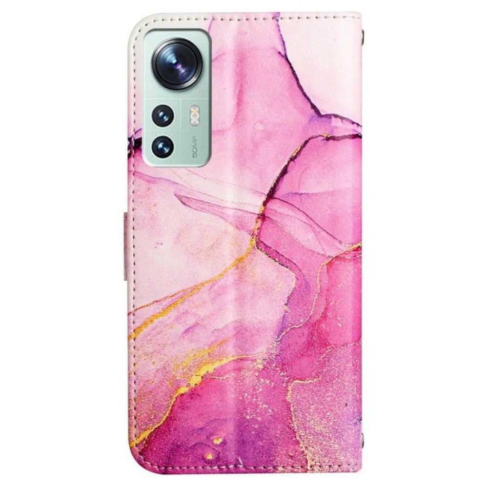 Flip Case Für Xiaomi 12 Pro Mit Kordel Gestreifter Aquarellmarmor