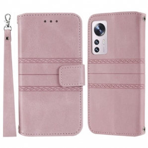 Flip Case Für Xiaomi 12 Pro Mit Kordel Riemchenmuster