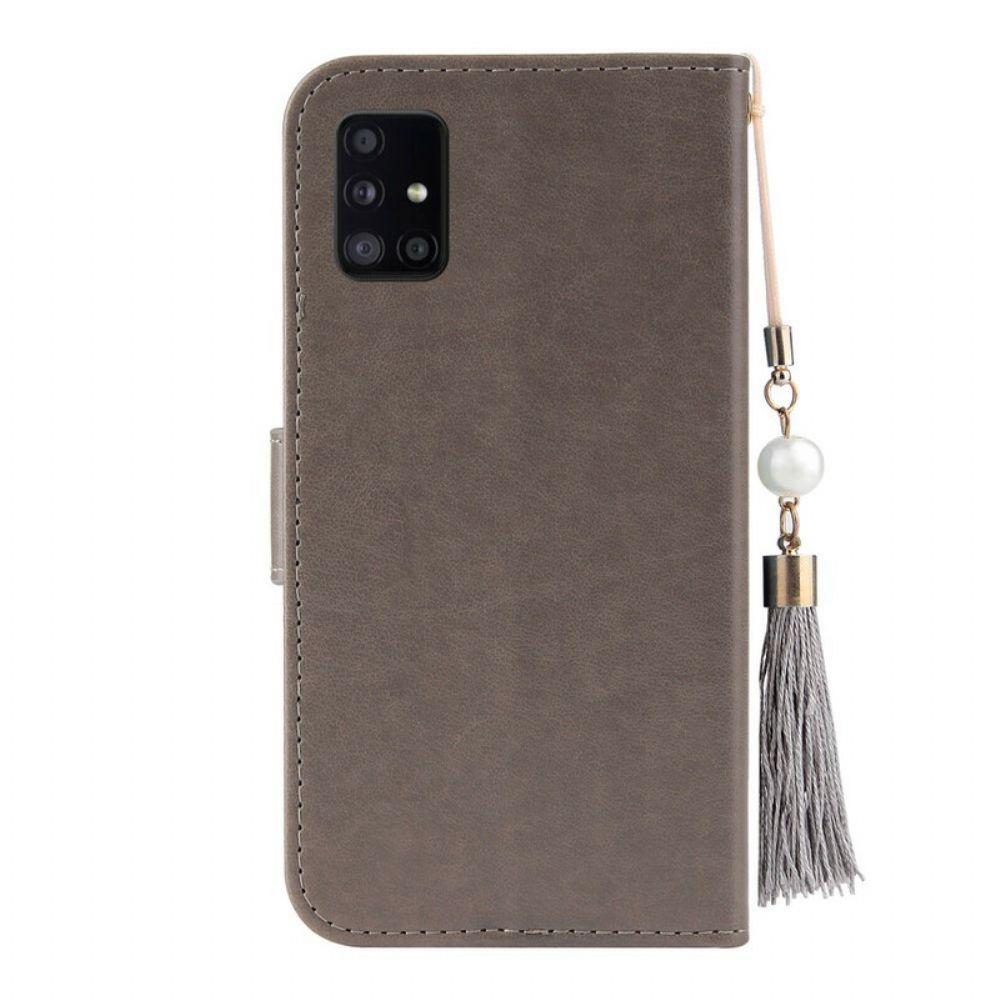 Flip Case Für Samsung Galaxy A51 Mit Kordel Baum Und Katze Mit Perle Am Riemen