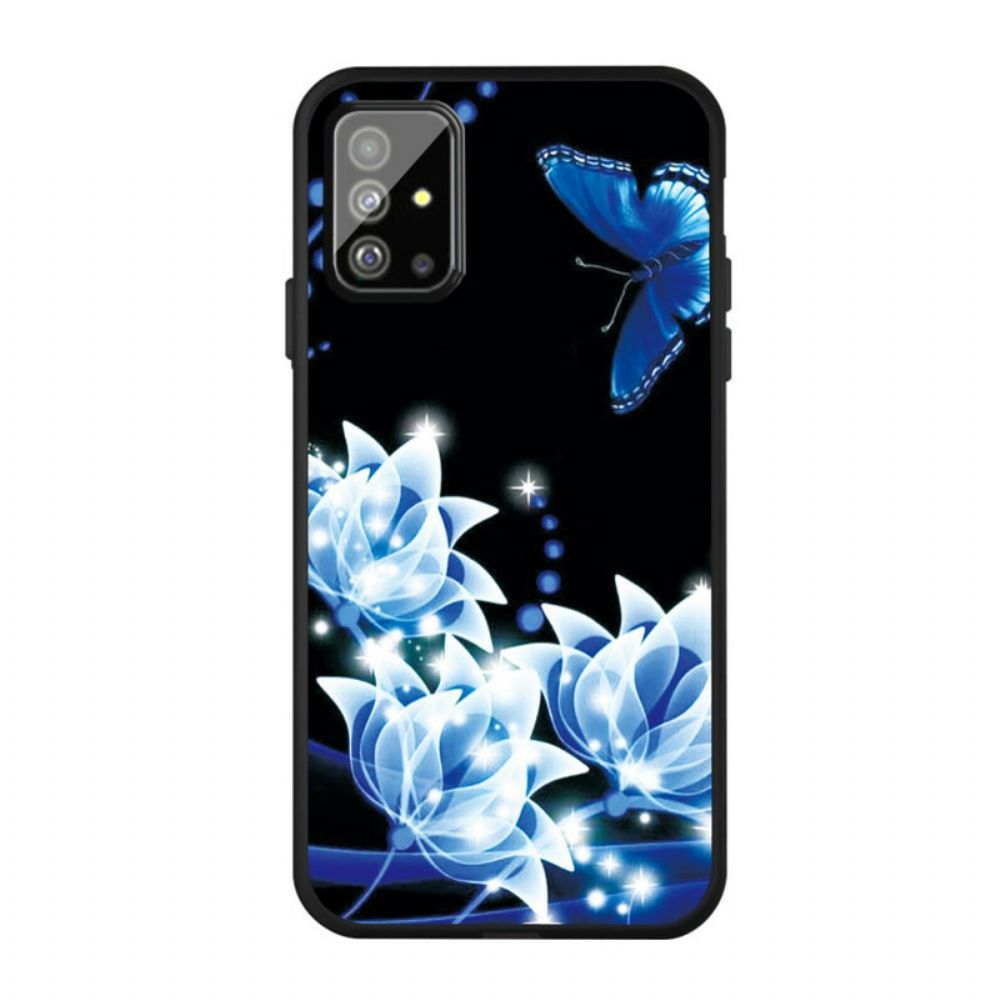 Handyhülle Für Samsung Galaxy A51 Schmetterling Und Blaue Blumen