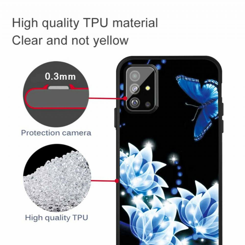 Handyhülle Für Samsung Galaxy A51 Schmetterling Und Blaue Blumen