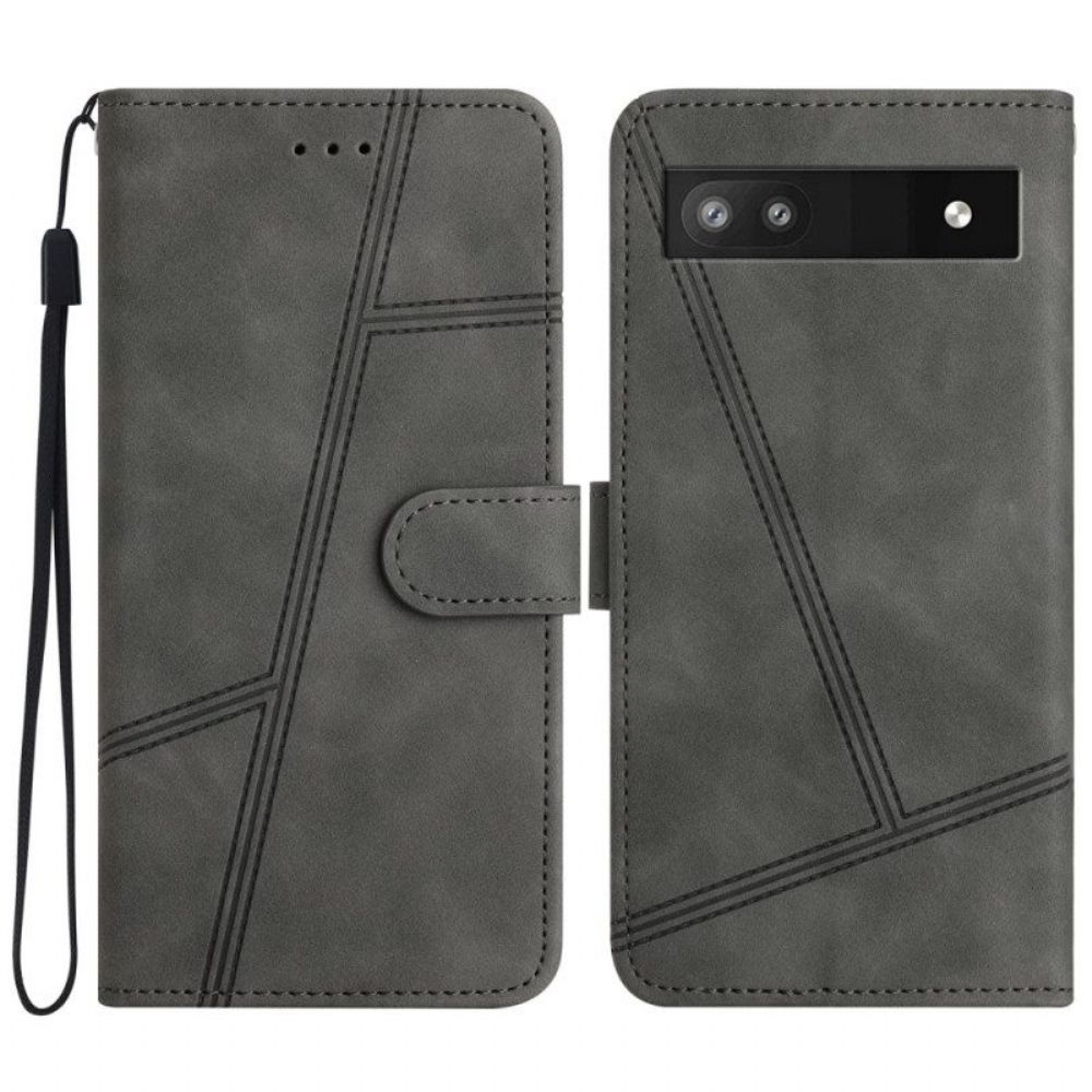 Flip Case Für Google Pixel 7A Mit Kordel Geometrischer Lederstil Mit Riemchen